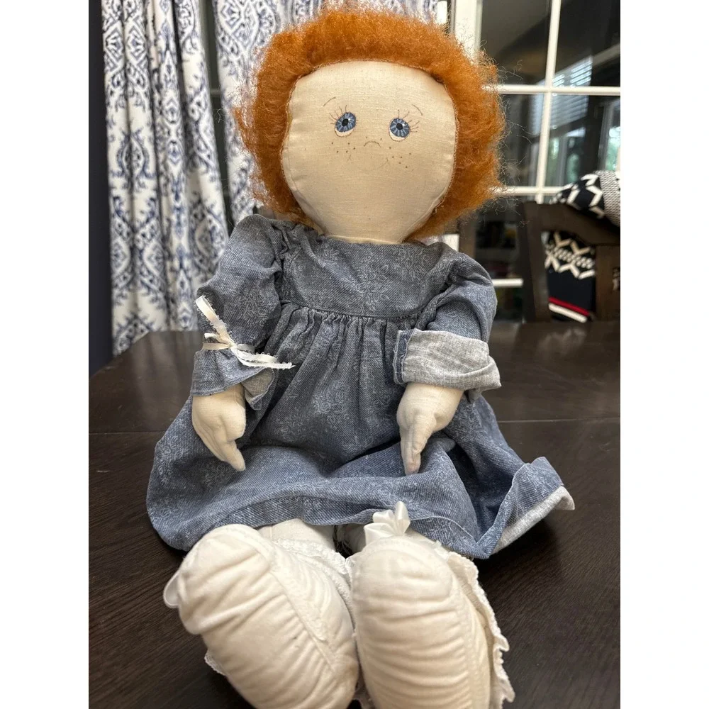 Handmade Cloth Rag Doll Red Hair Blue Eyes Blue Floral Prairie Dress‎ 23 Inch